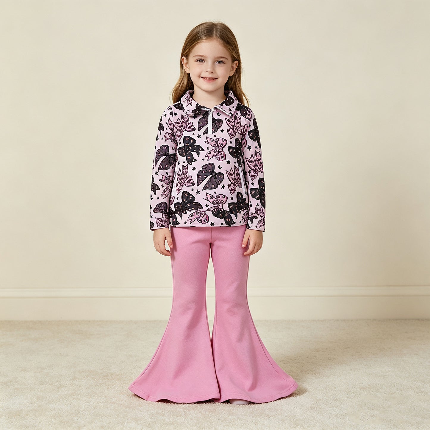 NEW RTS NO MOQ milk silk GLP3507 Baby Girls Bats Bows Zip Pockets Pullover Bell Bottom Pant Halloween Clothes Set