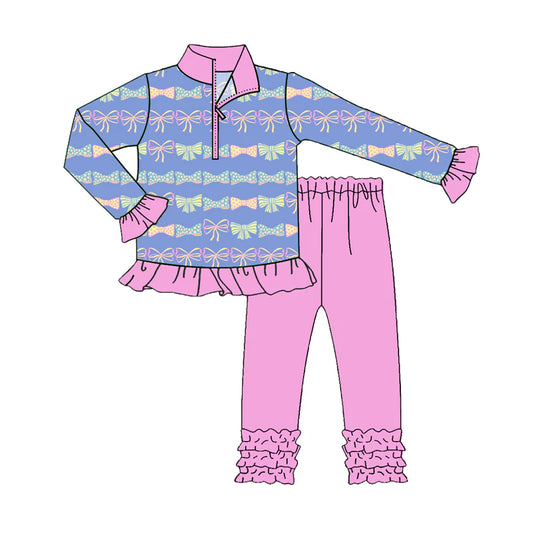 8.11Preorder(moq 5) Baby Girls Pink Colorful Bows Zip Pullover Top Legging Boutique Outfits Sets