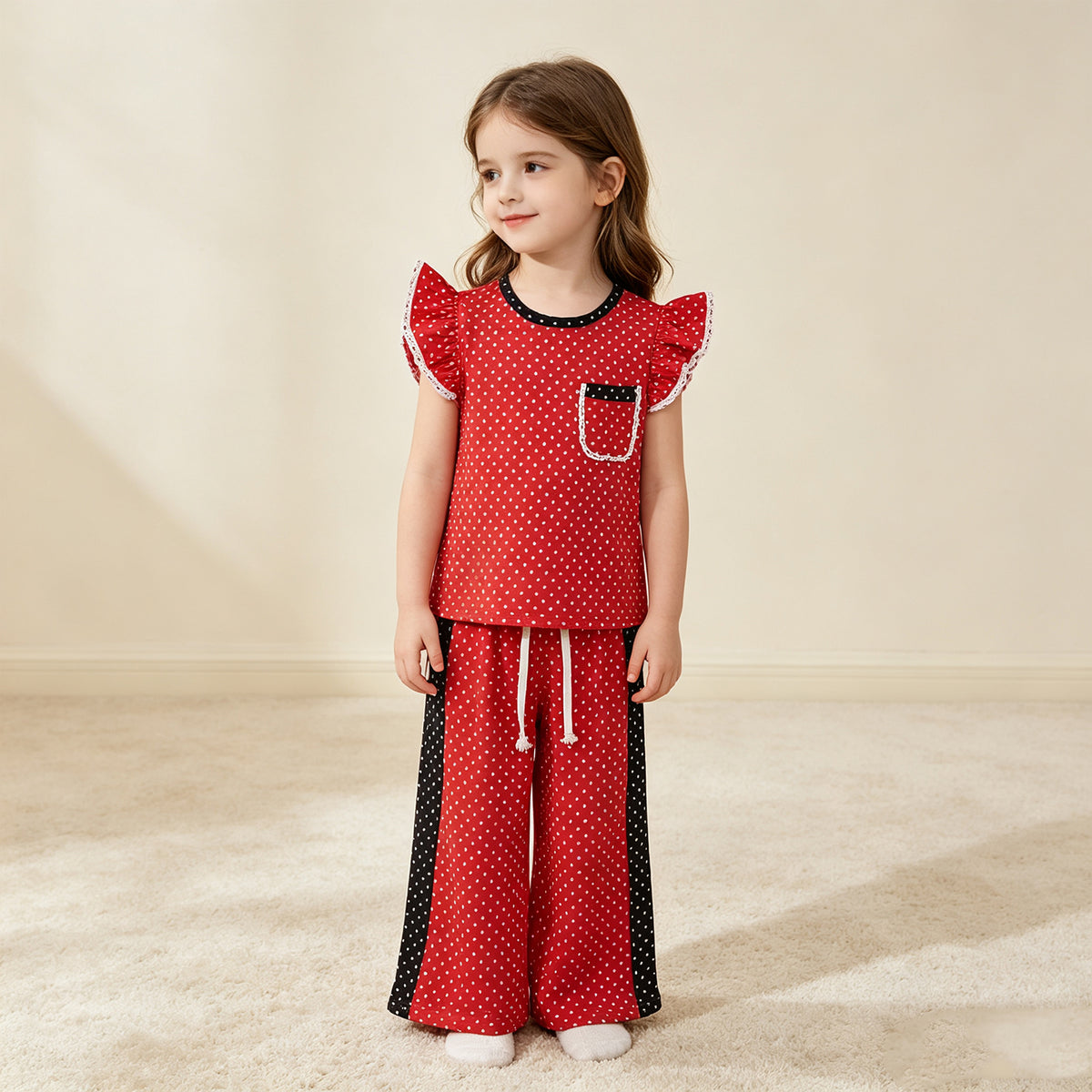 NEW RTS NO MOQ milk silk GSPO2370 Baby Girls Red Black Polka Dots Pocket Top Flare Pant Clothes Set