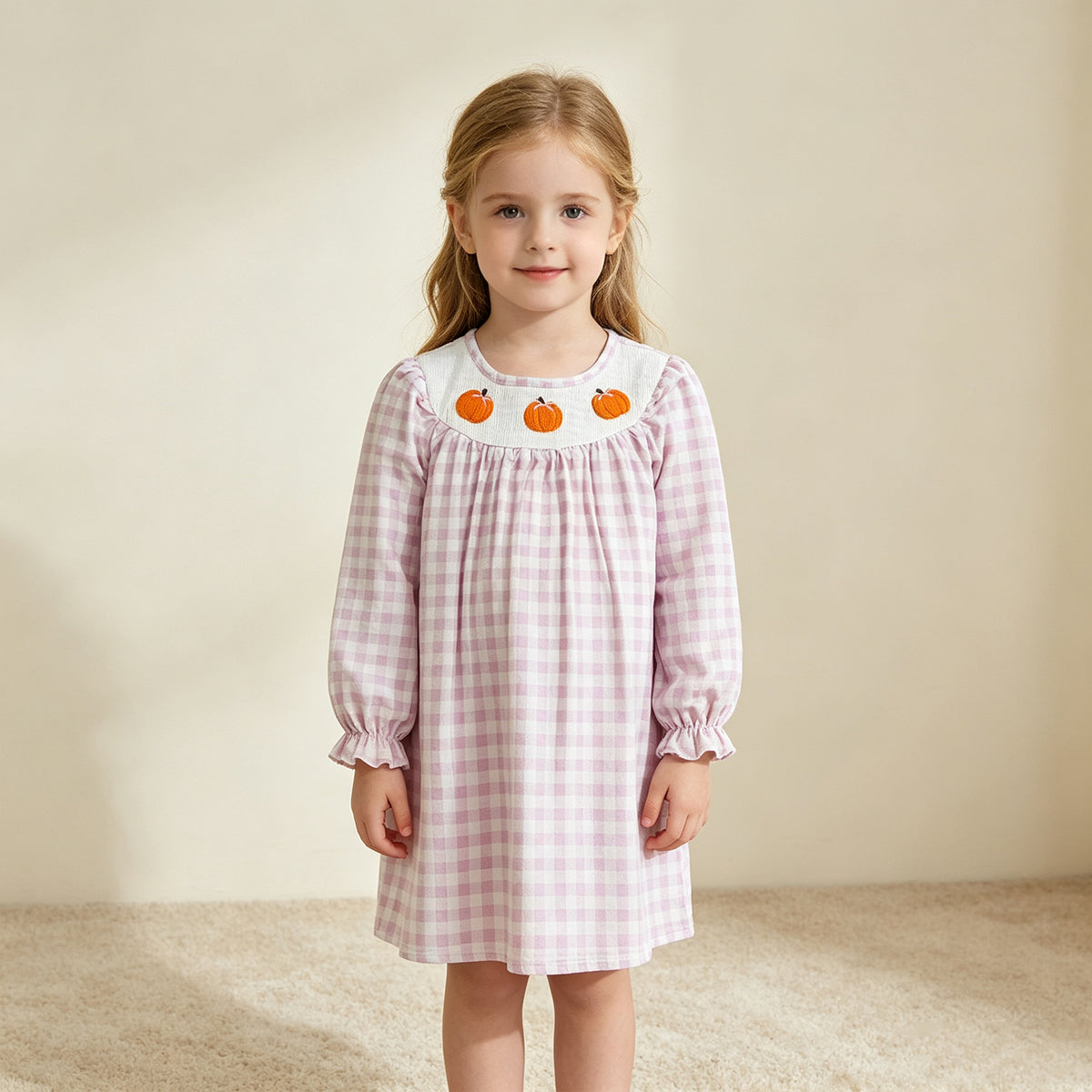NEW RTS NO MOQ milk silk GLD1649 Smocked Pumpkins Baby Girls Pink Checked Fall Knee Length Dresses