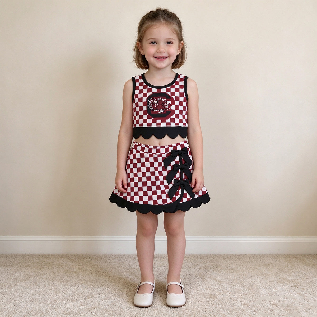 NEW RTS NO MOQ Yoga GSD4288 Baby Girls Maroon Checked Top Bows Skirt Short Scallop Team Clothes Set