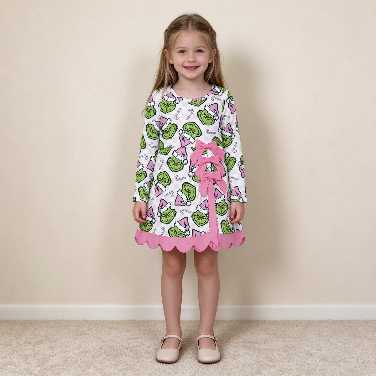 NEW RTS NO MOQ yoga fabric GLD1651 Baby Girls Green Frogs Candy Cane Christmas Yoga Active Short Bows Scallop Dress