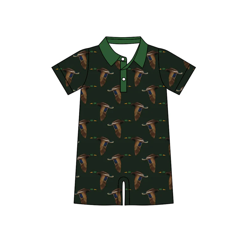 X1.13 Preorder (moq 5)Baby Boys Green Ducks Button Hunting Short Rompers