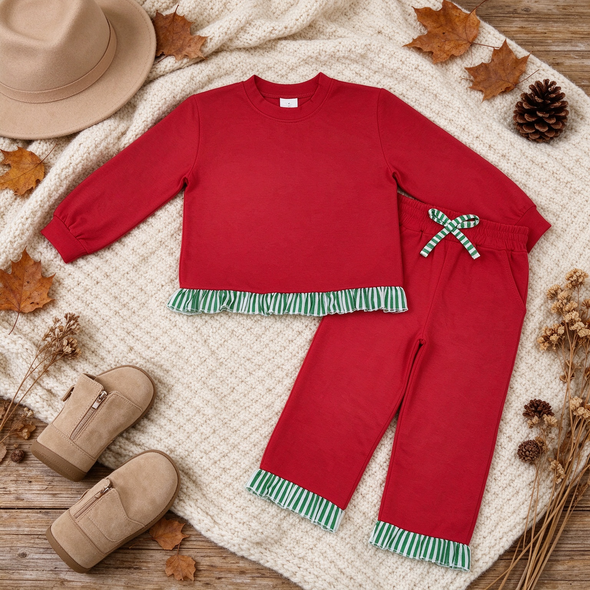 NEW RTS NO MOQ milk silk GLP3916（GT1935+P1153）Baby Girls Red Long Sleeve Scallop Tunic Ruffle Pant Set