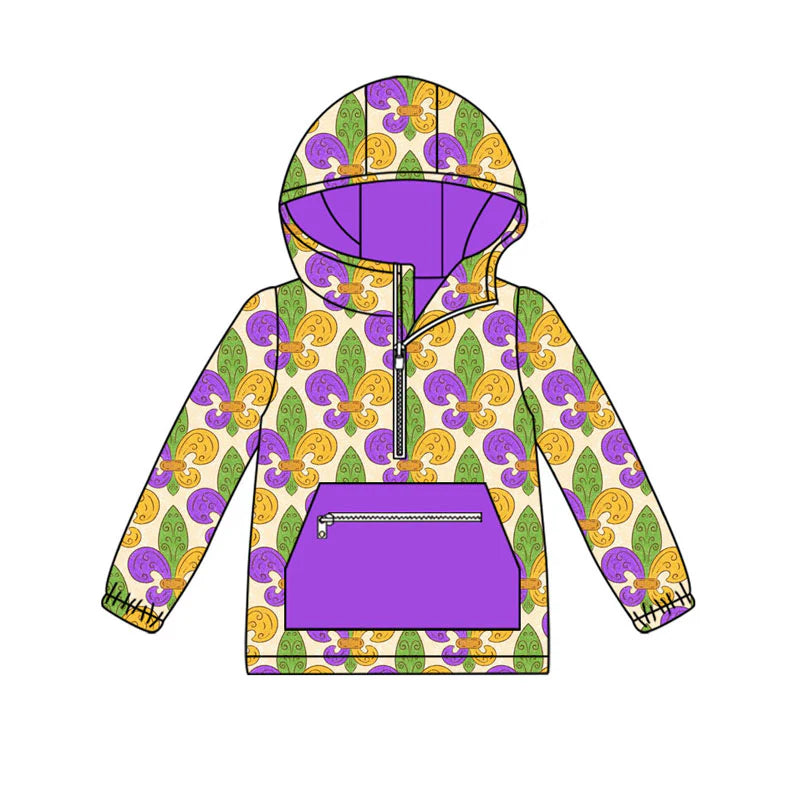 X926Preorder (moq 5)Baby Boys Purple Yellow Green Pocket Zipper Mardigras Hoodies Top