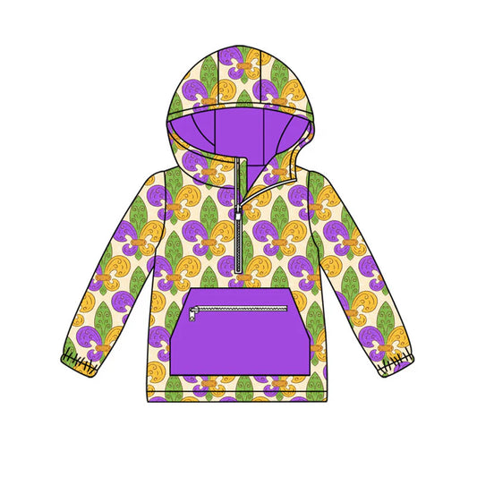 X926Preorder (moq 5)Baby Boys Purple Yellow Green Pocket Zipper Mardigras Hoodies Top