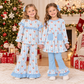 RTS NO MOQ Sibling milk silk Baby Girls Blue White Stripe Santa Print Ruffle Long Sleeve Top And Bell Bottom Pants Christmas Outfit