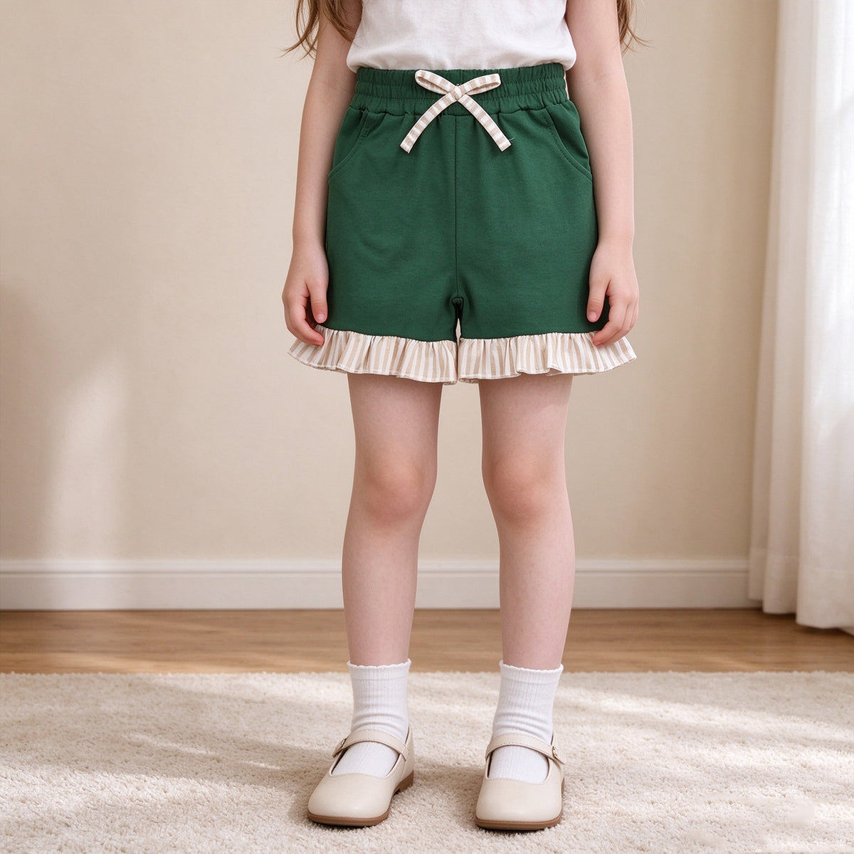 NEW RTS NO MOQ milk silk SS0998 Baby Girls Green Stripe Bow Pockets Shorts Bottom