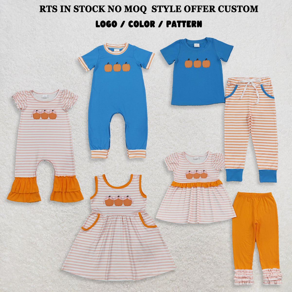 RTS NO MOQ Sibling milk silk Embroidery Baby Boys Girls Short Sleeve Romper Top Pants Ruffle Dress Toddler Fall Clothes Pumpkin Print Stripe Outfit