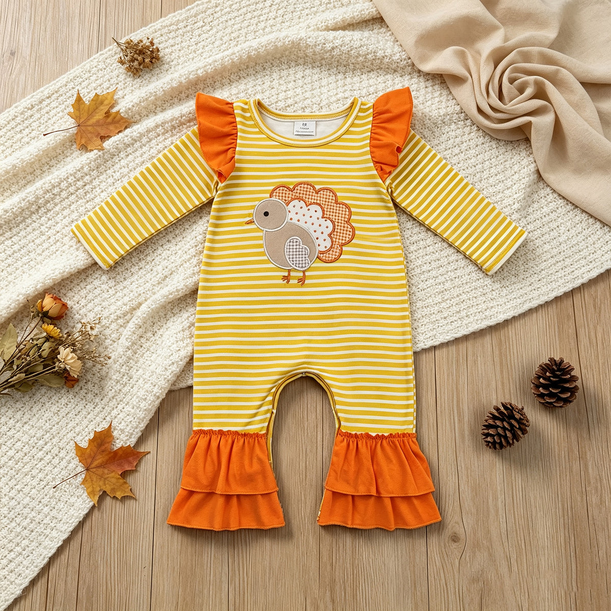 NEW RTS NO MOQ milk silk LR3144 Embroidery Turkey Baby Girls Orange Stripe Thanksgivings Ruffle Pant Rompers