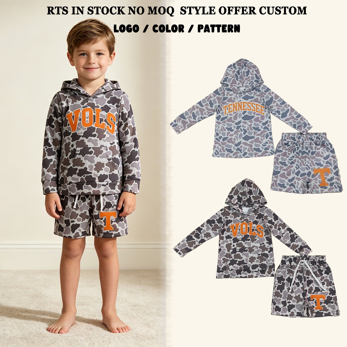 RTS NO MOQ Sibling milk silk Baby Boys Light Grey Camo Hoodie Pockets Shorts Team Clothes Sets