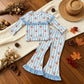 NEW RTS NO MOQ milk silk GLP3451 Baby Girls Blue Bow Santa Stripe Print Long Sleeve Top Bell Bottom Flare Pants Christmas Set