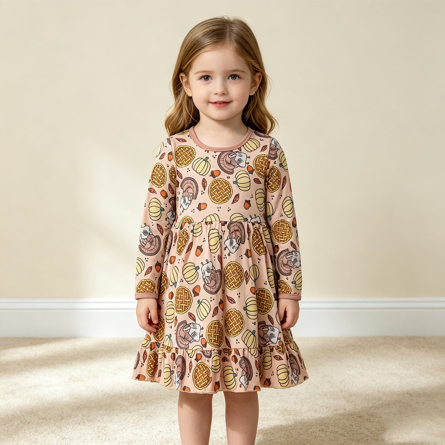 NEW RTS NO MOQ milk silk GLD1691 Baby Girls Pumpkins Turkey Thanksgivings Ruffle Knee Length Dress