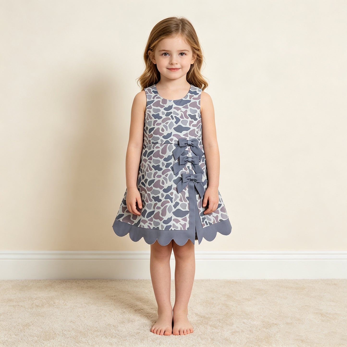 NEW RTS NO MOQ yoga fabric GSD4226 Baby Girls Light Gray Camo Scallop Knee Length Dress
