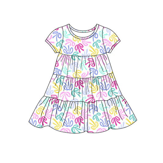 X11.20Preorder(moq 5) Baby Girls Colorful Bows Patchwork Ruffle Knee Length Dresses