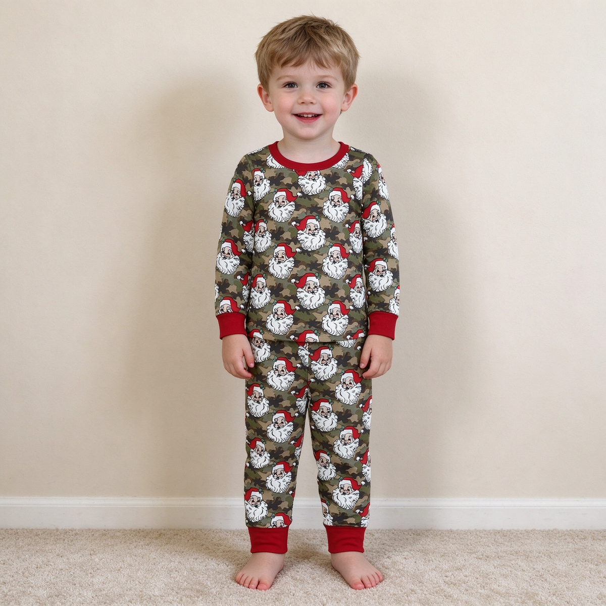 NEW RTS NO MOQ milk silk BLP1600 Baby Boys Green Camo Santa Top Pant Christmas Pajamas Sets