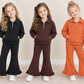 RTS NO MOQ Sibling fleece Baby Girls Fall Solid Pullover Quarter Zip Sweatshirt Ruffle Bell Bottom Outfit