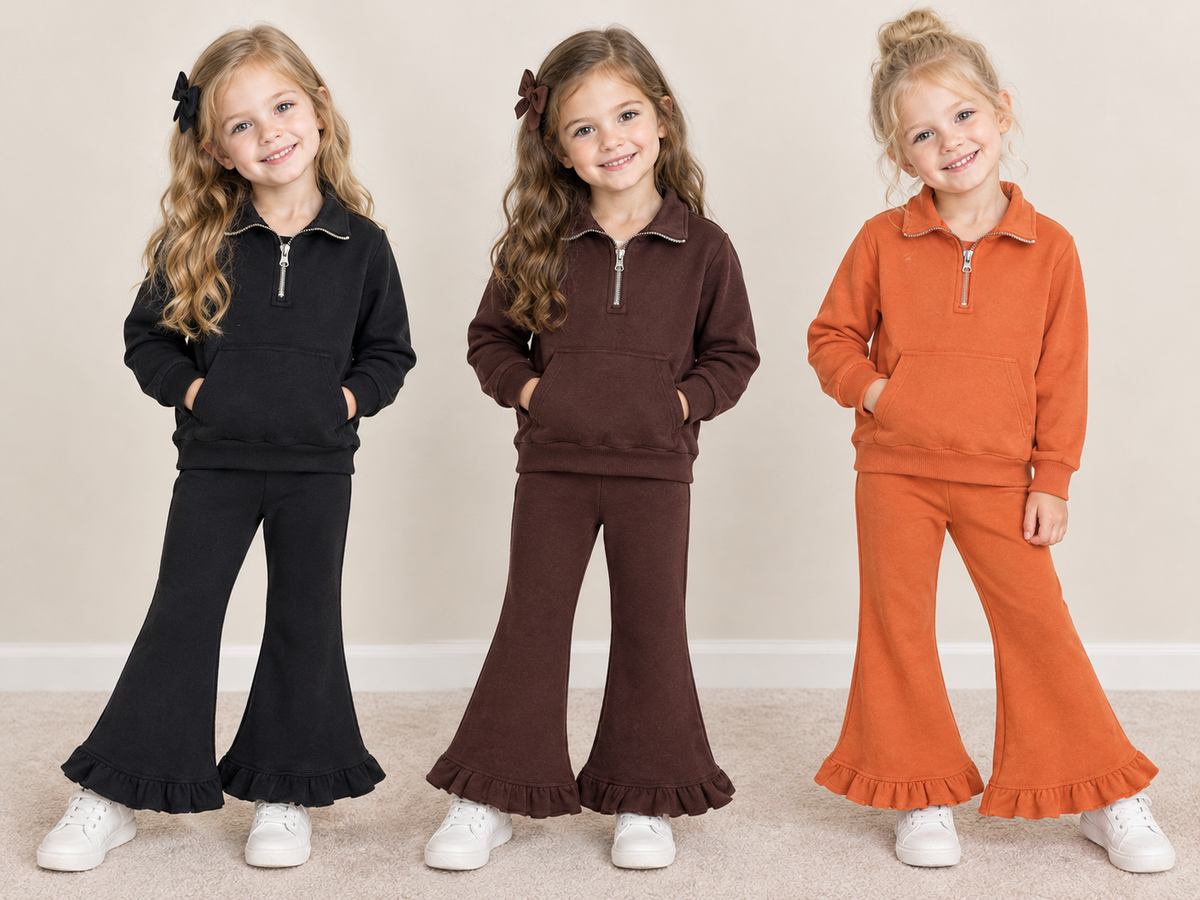 RTS NO MOQ Sibling fleece Baby Girls Fall Solid Pullover Quarter Zip Sweatshirt Ruffle Bell Bottom Outfit
