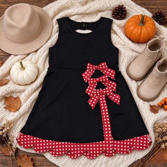 NEW RTS NO MOQ yoga fabric GSD4263 Baby Girls Black Red Yoga Active Short Bows Scallop Knee Length Dress