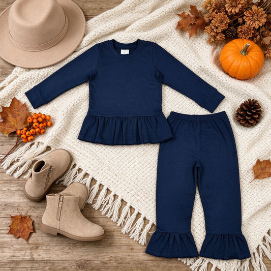 NEW RTS NO MOQ milk silk GLP3750 Baby Girls Navy Long Sleeve Tunic Ruffle Pant Clothes Set
