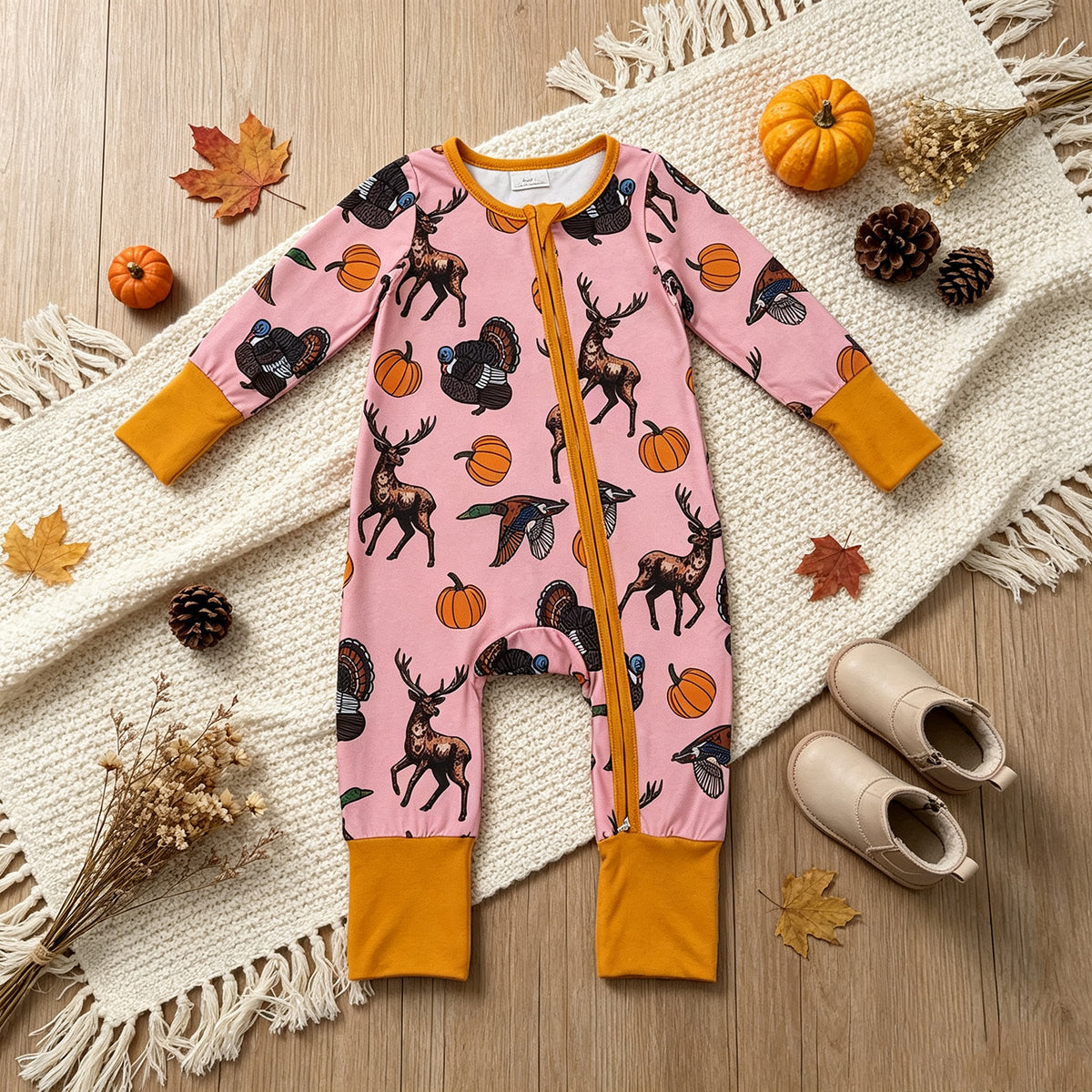 NEW RTS NO MOQ milk silk LR3252 Baby Girls Pumpkins Turkey Ducks Deer Thanksgivings Two Way Zip Convertible Rompers