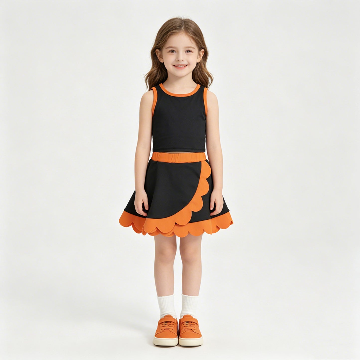 NEW RTS NO MOQ yoga fabric cotton GSD4259 Baby Girls Orange Black Vest Scallop Skirt Short Yoga Active Clothes Set