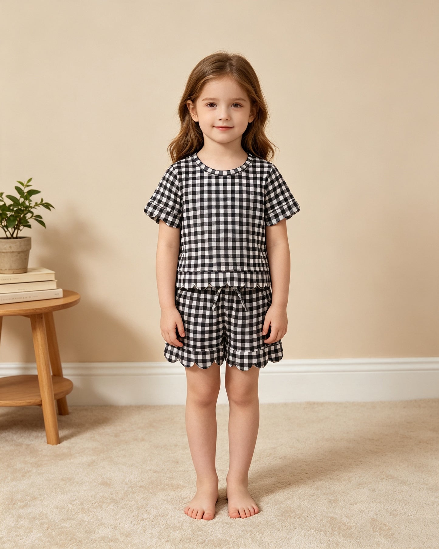NEW RTS NO MOQ milk silk GSSO3842 Baby Girls Black Checked Shirt Top Pockets Short Scallop Clothes Set