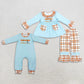 RTS NO MOQ Sibling milk silk Baby Girls Blue Pumpkin Ruffle Top and Plaid Ruffle Pants Set Long Sleeve Romper