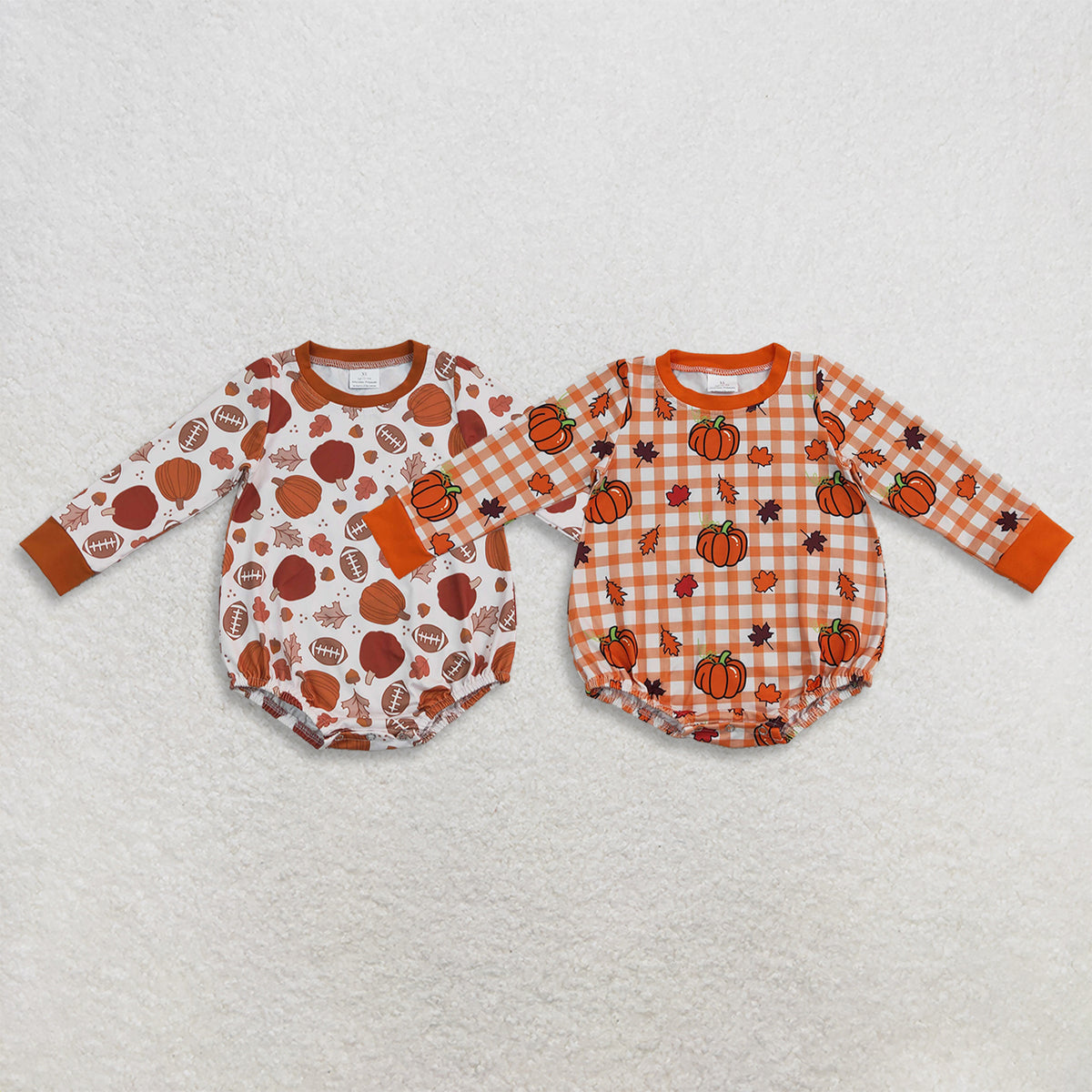 RTS NO MOQ Sibling milk silk Baby Fall Pumpkin Football And Plaid Pumpkin Leaf Long Sleeve Bubble Romper