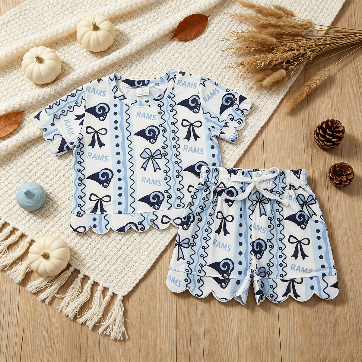 NEW RTS NO MOQ milk silk GSSO3853 Baby Girls Rams Bows Stripe Top Pockets Short Team Scallop Clothes Sets