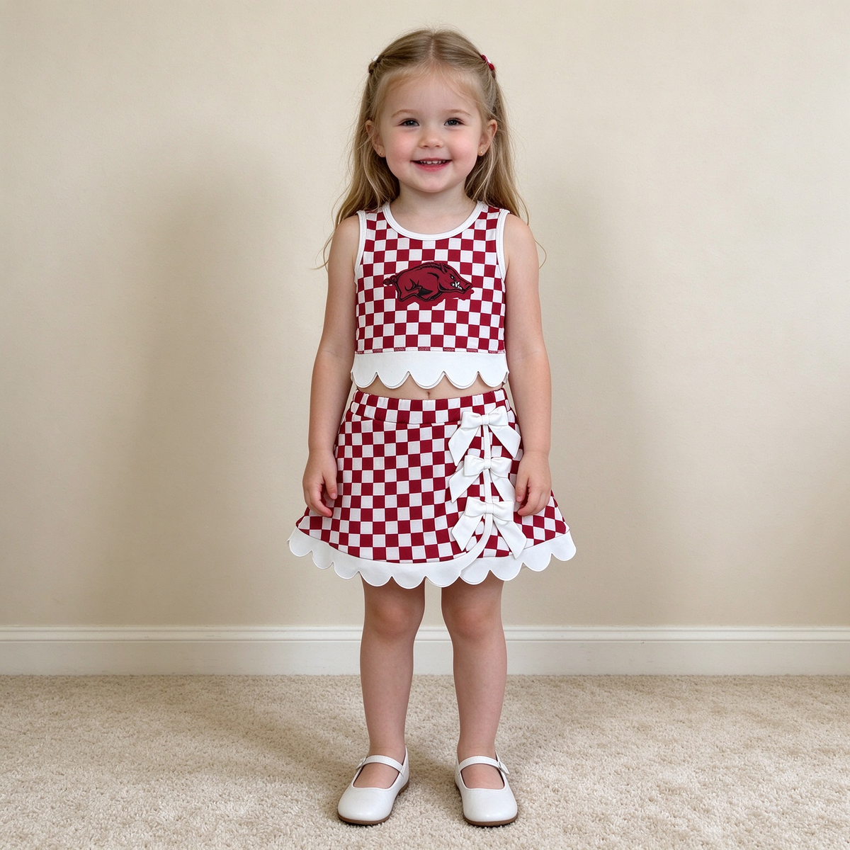 NEW RTS NO MOQ Yoga GSD4286 Baby Girls Maroon Checked Bows Skort Team Yoga Scallop Set