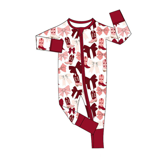 X920Preorder (moq 5)Baby Girls Pink Red Bows Heart Boots Zipper Footie Rompers