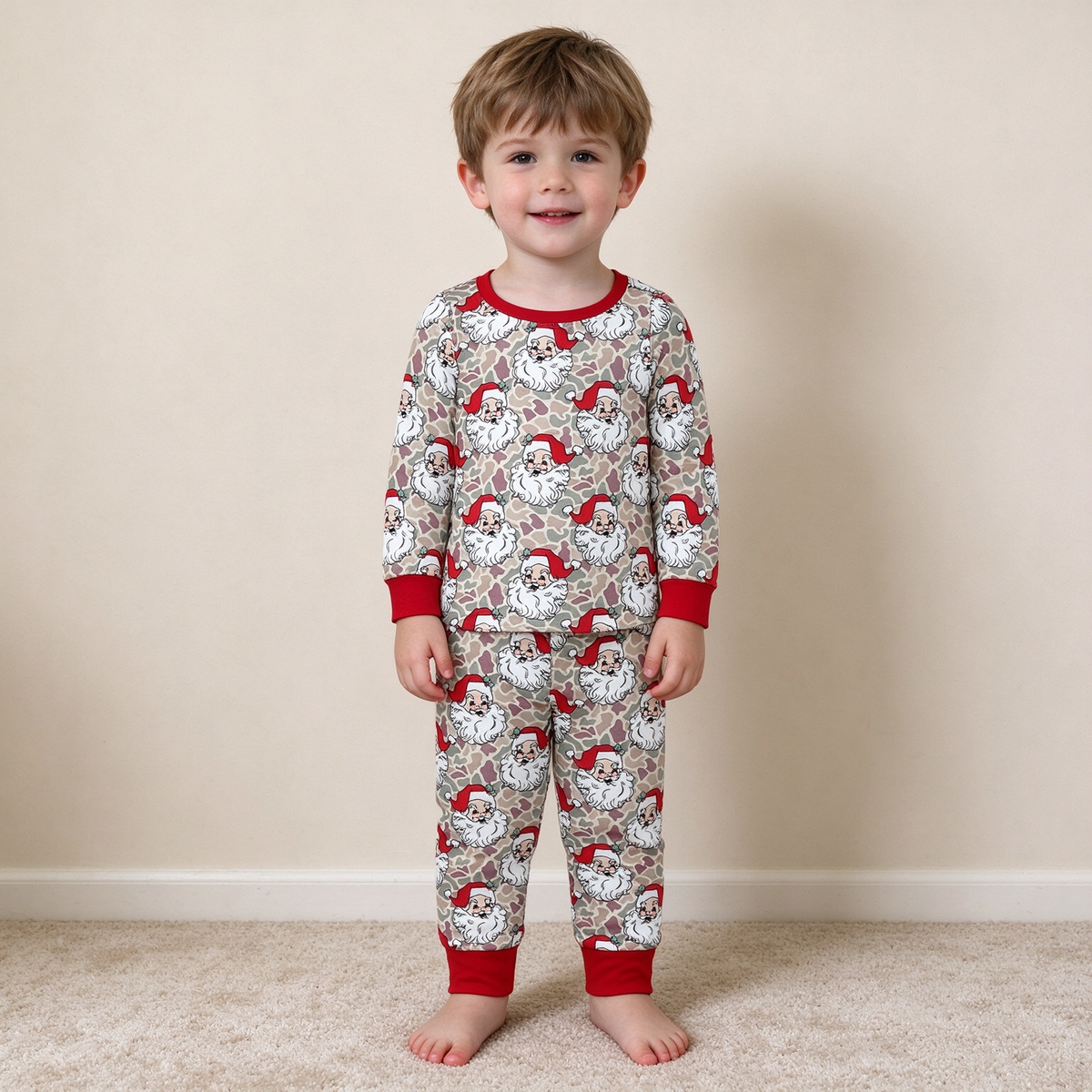 NEW RTS NO MOQ milk silk BLP1613 Baby Boys Khaki Camo Santa Top Pant Christmas Pajamas Set