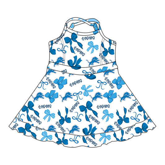 7.1Preorder (moq 5)Baby Girls Blue Straps Lions Bows Plaid Ruffle Shorts Team Knee Length Dresses
