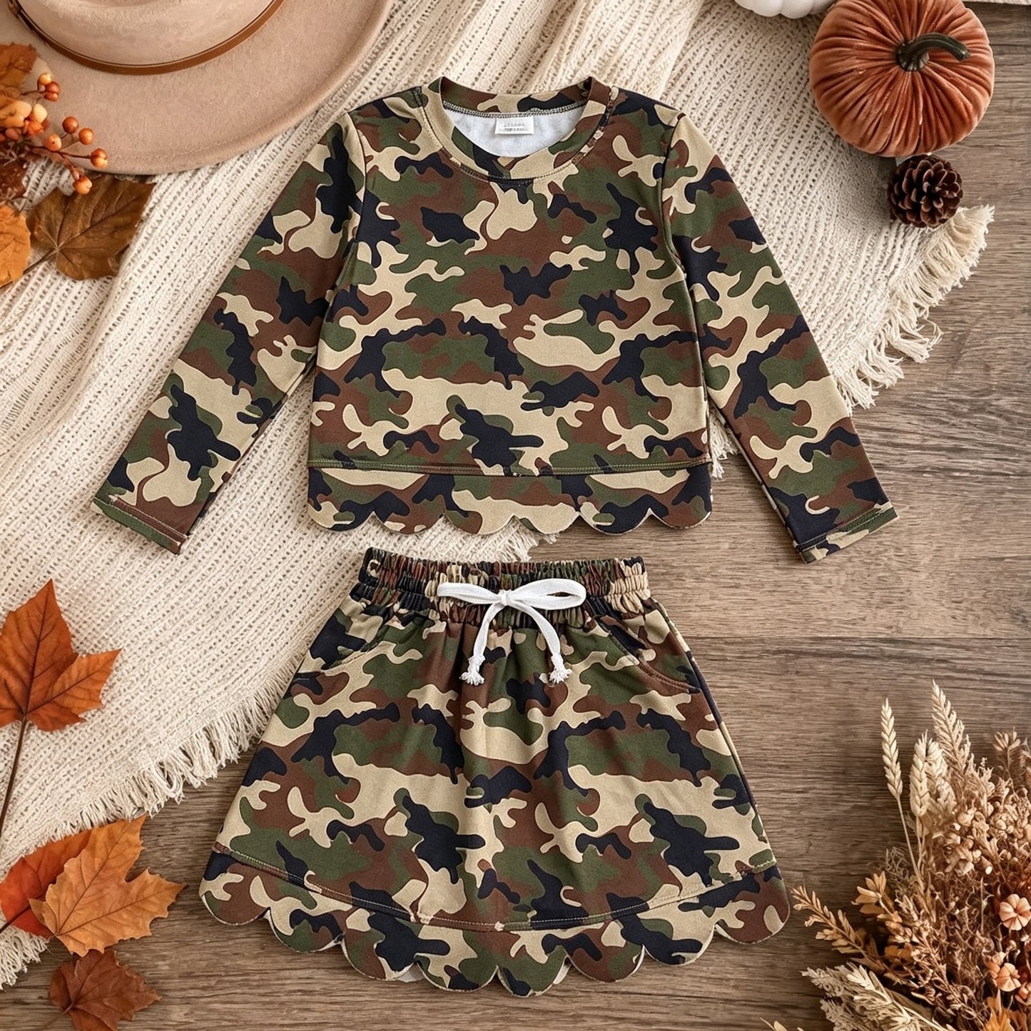 NEW RTS NO MOQ milk silk GLD1620（ GT1691+GLK0303) Baby Girls Southern Green Camo Scallop Pockets Set