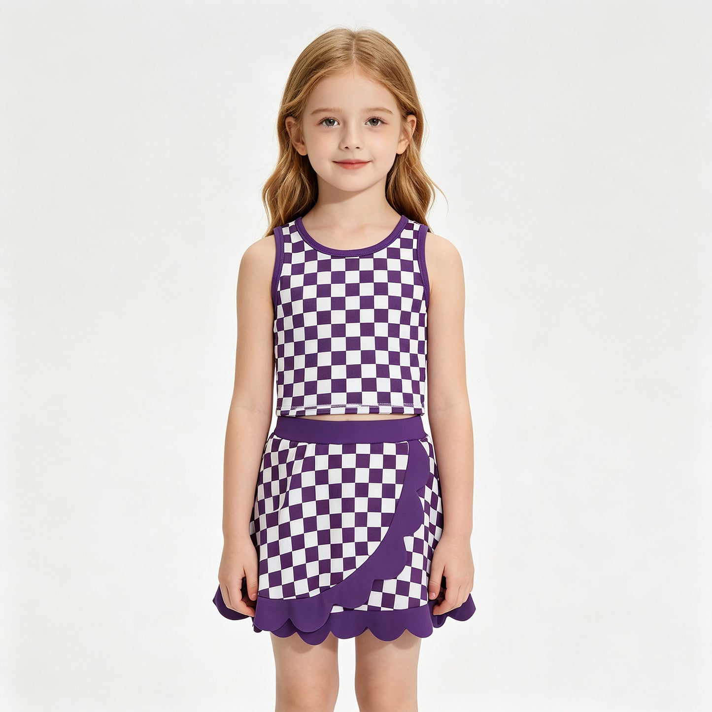RTS NO MOQ yoga GSD4251 Baby Girls Purple Checked Vest Scallop Skirt Short Yoga Active Clothes Set