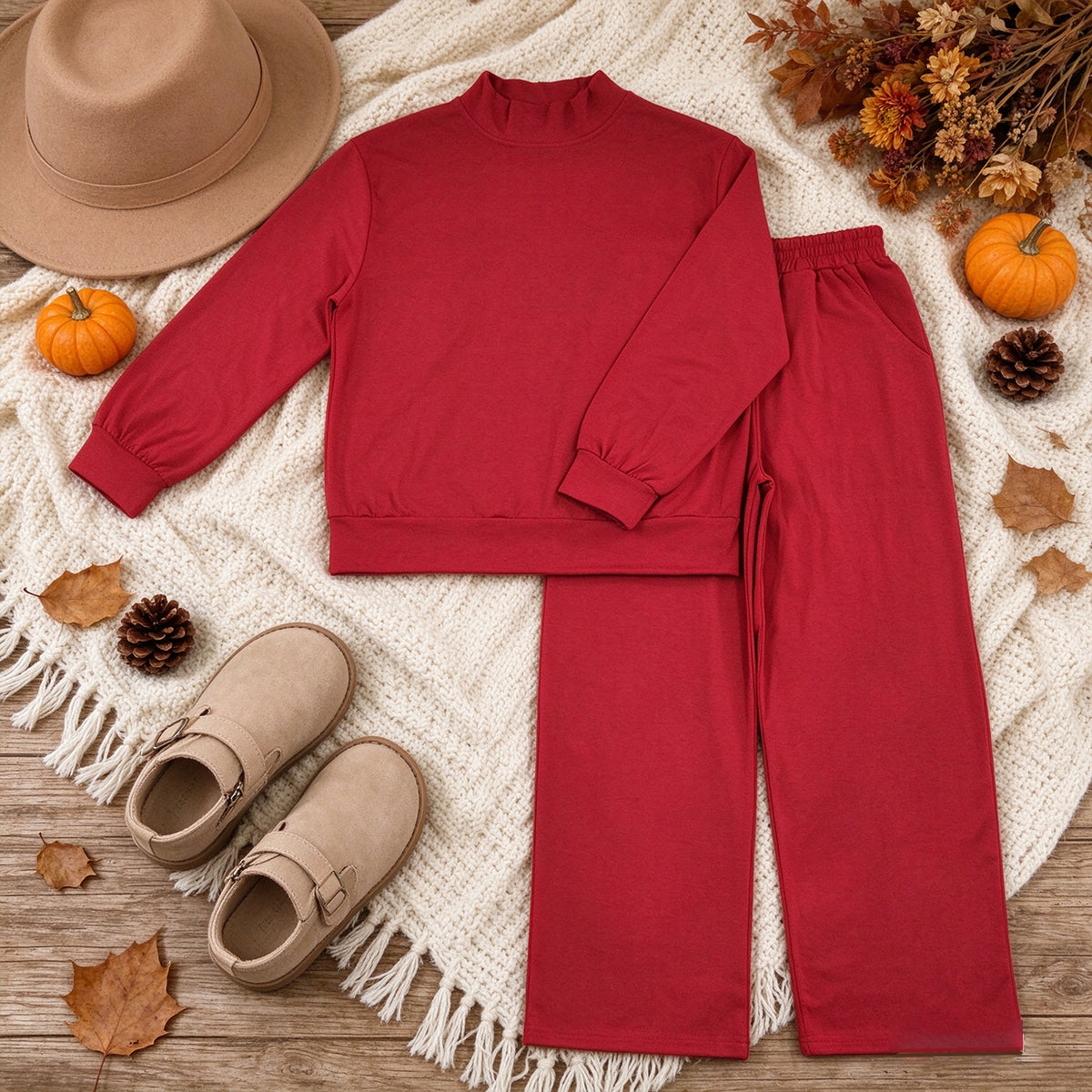 NEW RTS NO MOQ milk silk GLP3418 Adult Women Maroon Choker Top Pockets Flare Pants Fall Pajamas Clothes Sets