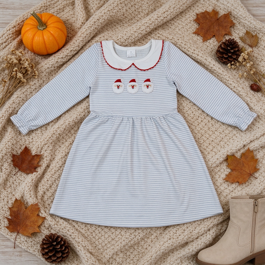 NEW RTS NO MOQ milk silk GLD1673 Embroidery Santa Baby Girls Blue Stripe Collar Christmas Knee Length Dress