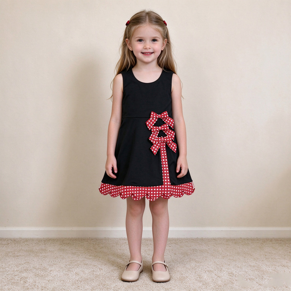 NEW RTS NO MOQ yoga fabric GSD4263 Baby Girls Black Red Yoga Active Short Bows Scallop Knee Length Dress