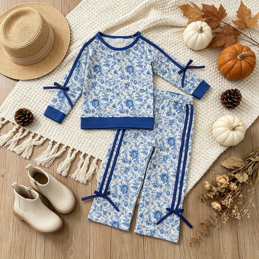NEW RTS NO MOQ milk silk GLP3364 Baby Girls Blue Flowers Top Bows Pockets Flare Pant Fall Clothes Sets