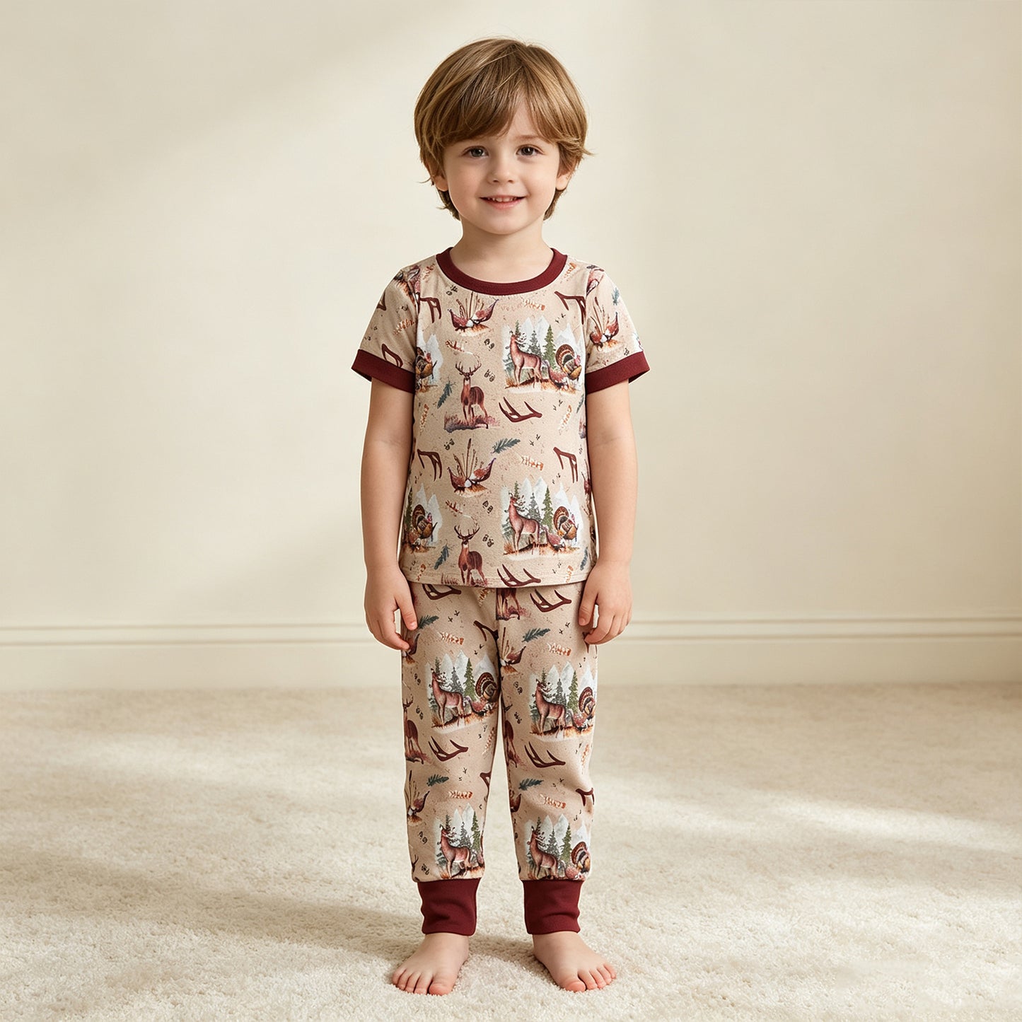 NEW RTS NO MOQ milk silk BSPO0494 Baby Boys Short Sleeve Deer Turkey Top Pants Hunting Pajamas Sets