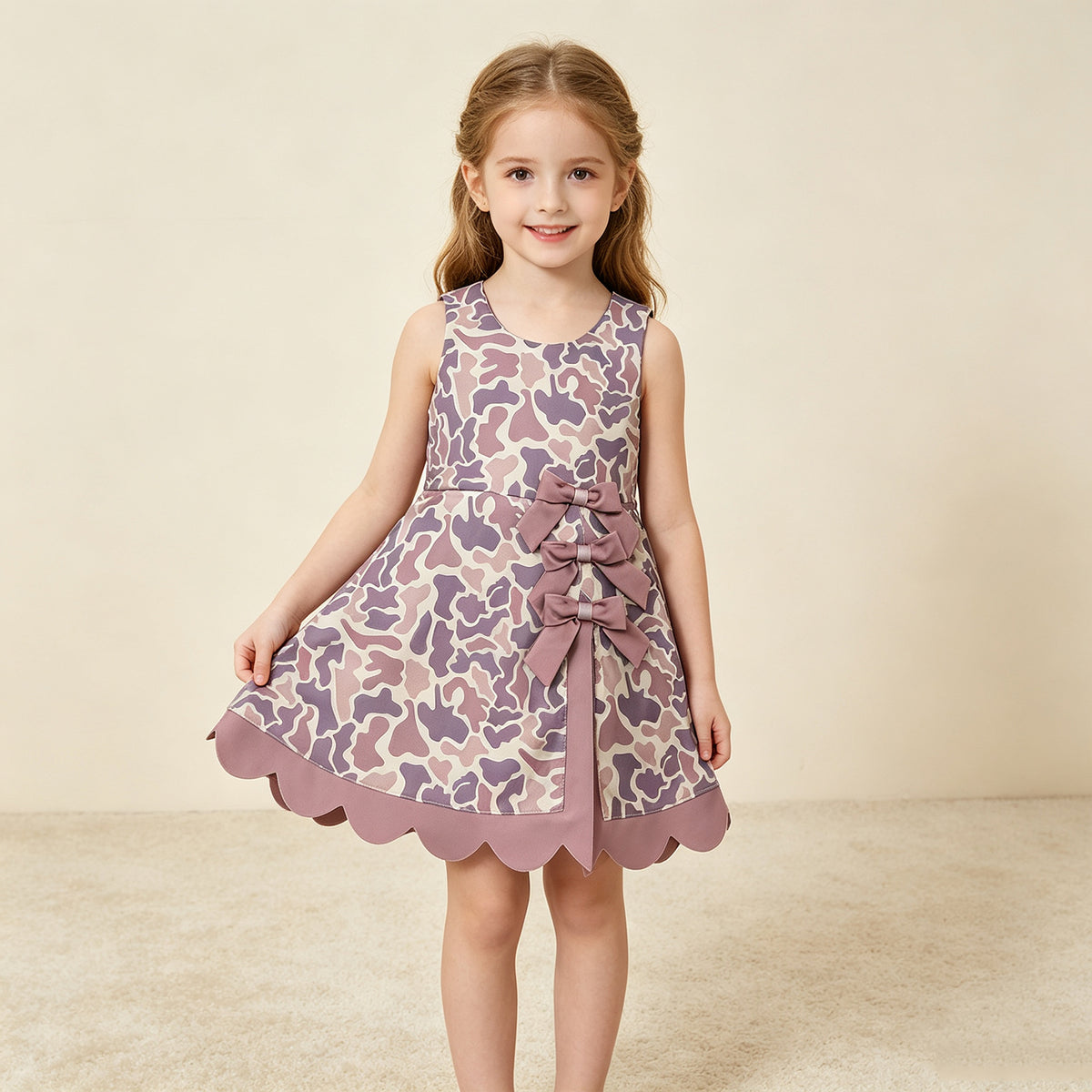 NEW RTS NO MOQ yoga fabric GSD4227 Baby Girls Sleeveless Khaki Camo Yoga Active Short Scallop Bows Knee Length Dress