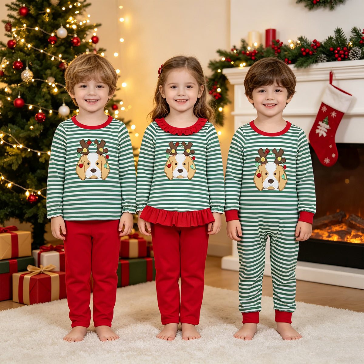 RTS NO MOQ Sibling milk silk Embroidery Lights Dogs Baby Boys And Girls Green Stripe Top Pants Christmas Clothes Sets Rompers