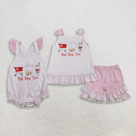 3.30 Sibling Baby Girls Pink Stripe Best Day Ever Tunic Ruffle Short Clothes Set Back Bow Rompers