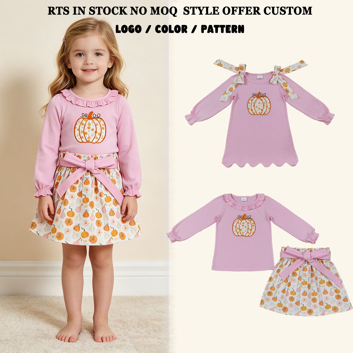 RTS NO MOQ Sibling Baby Girls Embroidery Flower Pumpkins Top Bows Skirt Fall Clothes Set Scallop Tops