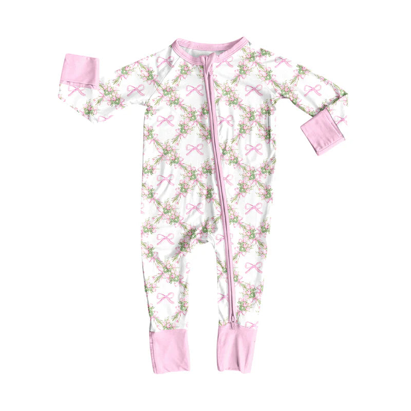 8.7preorder(moq 5)Baby Infant Boys Long Sleeves Pink Bows Flowers Plaid Zipper Rompers