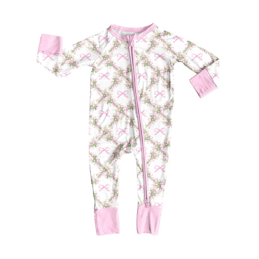 8.7preorder(moq 5)Baby Infant Boys Long Sleeves Pink Bows Flowers Plaid Zipper Rompers
