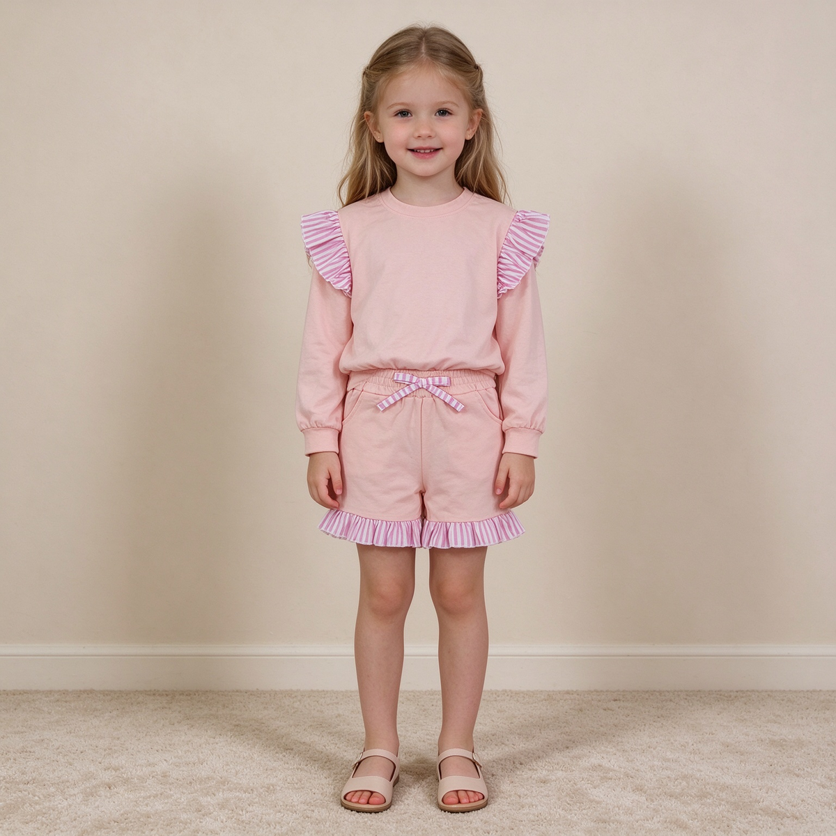 NEW RTS NO MOQ milk silk GLS0222（GT1849+SS0996）Baby Girls Light Pink Stripe Flutter Sleeve Top Pockets Ruffle Short Clothes Set