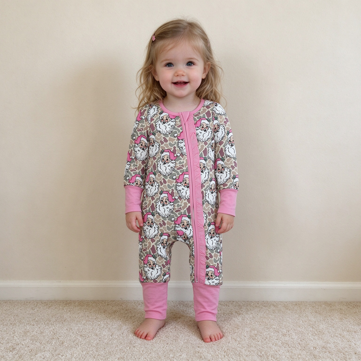 NEW RTS NO MOQ milk silk LR3305 Baby Girls Khaki Camo Santa Christmas Two Way Ruffle Zip Convertible Rompers