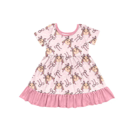 X923Preorder (moq 5)Baby Girls Short Sleeve Pink Bows Rabbits Ruffle Easter Knee Length Dresses